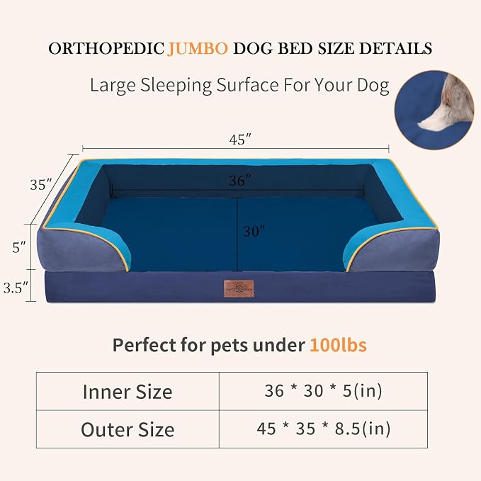Comfort Expression Orthopedic Dog Bed for Extra Large Dogs with Bolster | Waterproof Dog Couch Bed with Washable Cover & Non-Slip Bottom, Supportive Egg Crate Foam XL Pet Bed, 45x35 Inch - Image 7