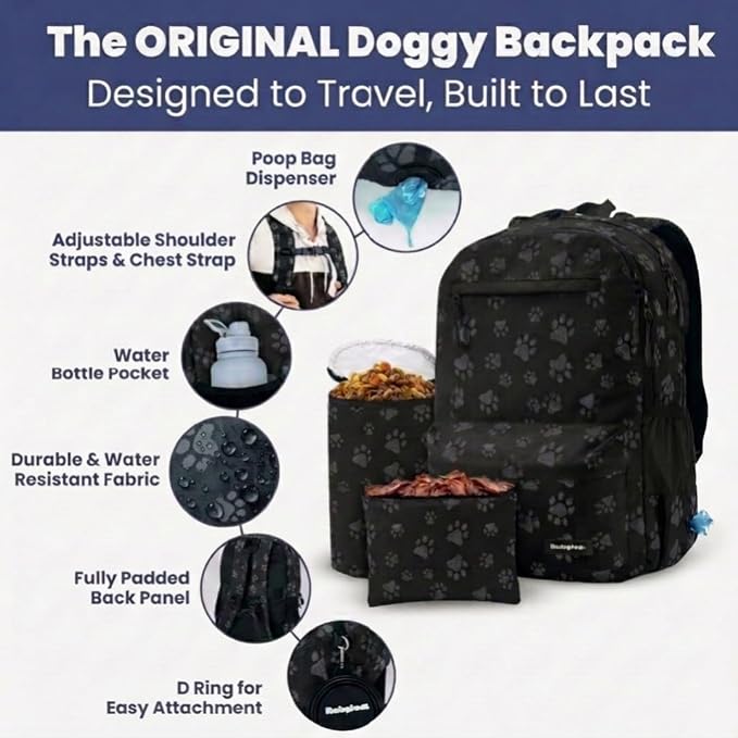 Rubyloo Dog Travel Backpack for Supplies - Dog Diaper Bag with Travel Bowls | 2 BPA-Free Bowls; Food Container & Treat Pouch; Placemat; Laptop Sleeve; Poop Bag Dispenser, Hiking, Camping & Road Trips, - Image 2