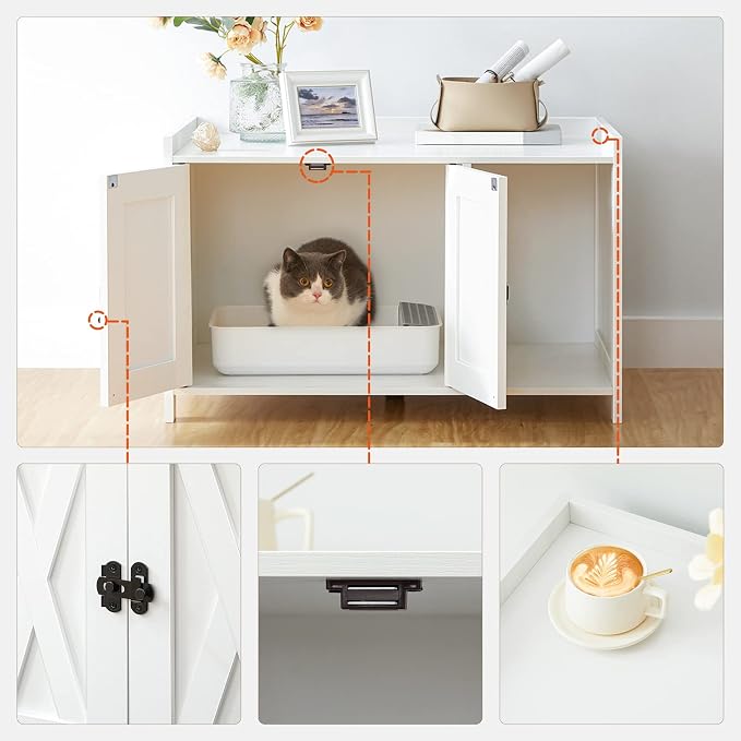 MAHANCRIS Cat Litter Box Enclosure, Hidden Litter Box Furniture with Divider, Indoor Cat House, Wooden Cat Washroom Storage Cabinet Bench, Side End Table Nightstand, White CWWT2501 - Image 9