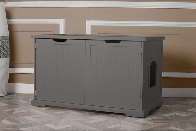 Merry Products Adjustable Pet Cat Washroom Storage Bench Furniture with Removable Partition Wall for All Size Litter Boxes, Gray - Image 7