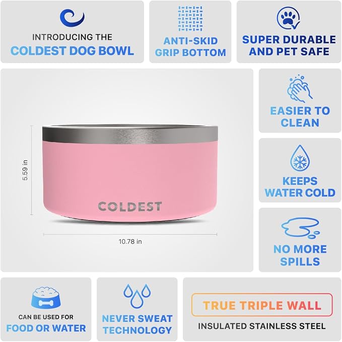 Coldest Dog Bowl - Anti Rust Metal, Non Slip, 3 Layers Insulated Stainless Steel Dog Bowls - Spill Proof & Heavy Duty - Water Bowl for Dogs, Cats & Pets, Dish Washer Safe (200 oz, Cotton Candy Pink) - Image 5
