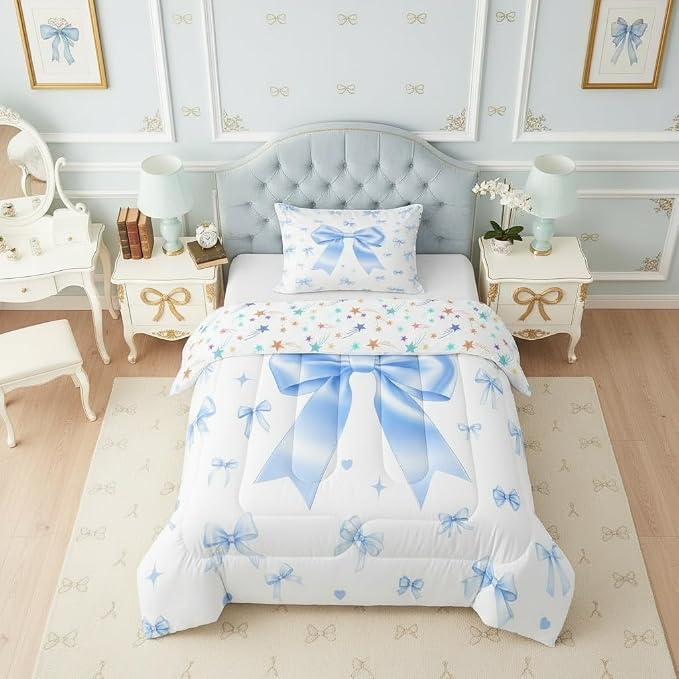 Manfei Blue Bow Twin Size Comforter Set,Cute Ribbon Bowknot Quilt Set Soft Bed Collection,Kawaii Princess Style Bedding Comforter for Boys Girls Room Decor,2 Pcs by Manfei
