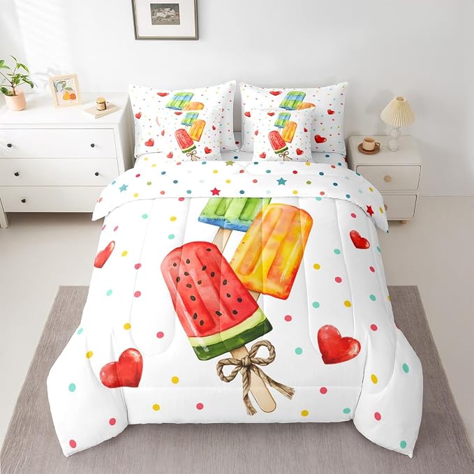 Erosebridal Colorful Polka Dots Bed in A Bag King, Summer Ice Cream and Popsicle Comforter Set with Sheets, Love Heart 7 Pcs Bedding Set, Summer Decor Bed Sets for Kids Boys Girls Teens Bedroom by Erosebridal