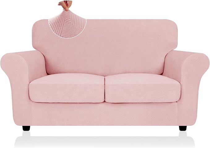 ZNSAYOTX 3 Piece Stretch Loveseat Covers (55"-69"), Thick Striped Sofa Covers for 2 Cushion Couch with Elastic Band Bottom Ties Non-Slip Stay in Place, Soft Durable Love Seat Slipcovers, Rose by ZNSAYOTX