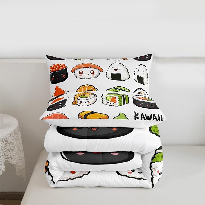 Erosebridal Kawaii Sushi Pattern Comforter Set King, Japanese Style Down Comforter, Food Theme Quilted Duvet for Kids Boys Girls Teens, Cute Cartoon Japanese Sushi Quilt Set Room Decorative - Image 7
