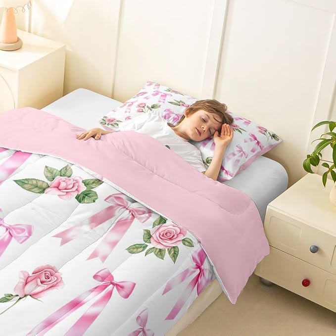 Manfei Floral Bowknot Comforter Set,Pink Bow Tie Print Bedding Set Kids Teens Modern Decor,Dreamy Princess Style Flower Comforter with 1 Pillowcase for All Seasons,Twin - Image 5