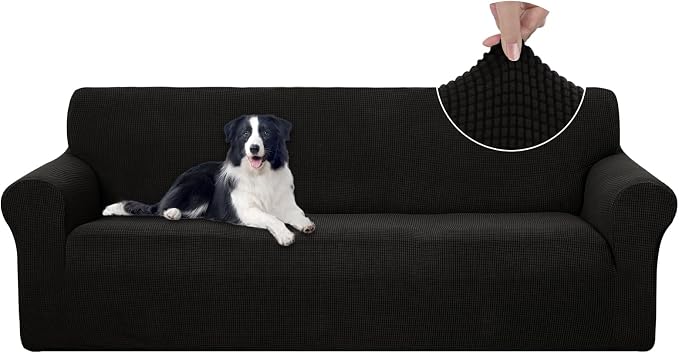 U-NICE HOME 4 Seater Stretch Couch Cover for 3 Cushion Sofa, Black | 1-Piece Sofa cover, Washable, Pet friendly, Furniture protector, Polyester Spandex Jacquard fabric by U-NICEHOME