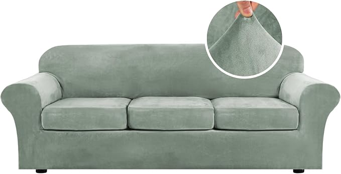 H.VERSAILTEX Velvet 4 Piece High Stretch Sofa Slipcover Cover Furniture Protector Form Fit Luxury Thick Velvet Extra Large Sofa Cover for 3 Cushion Couch Width Up to 105 Inch (XL Sofa, Sea Grass) by HVERSAILTEX