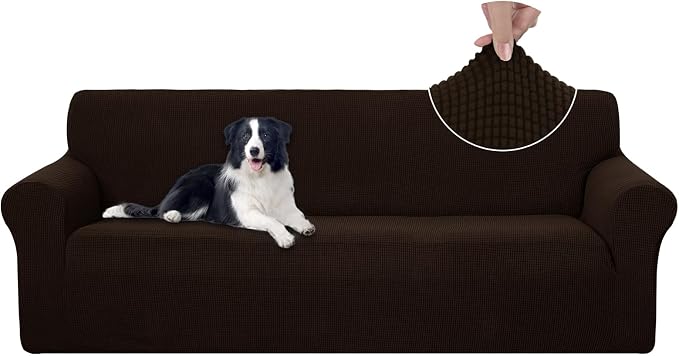 U-NICE HOME 4 Seater Stretch Couch Cover for 3 Cushion Sofa, Chocolate | 1-Piece Sofa cover, Washable, Pet friendly, Furniture protector, Polyester Spandex Jacquard fabric by U-NICEHOME
