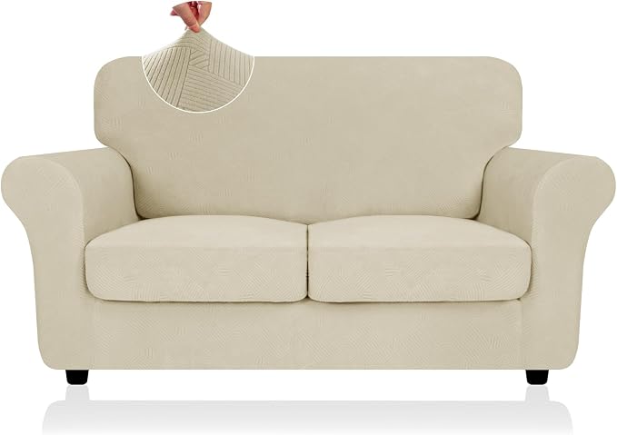 ZNSAYOTX 3 Piece Stretch Loveseat Covers (55"-69"), Thick Striped Sofa Covers for 2 Cushion Couch with Elastic Band Bottom Ties Non-Slip Stay in Place, Soft Durable Love Seat Slipcovers, Khaki by ZNSAYOTX