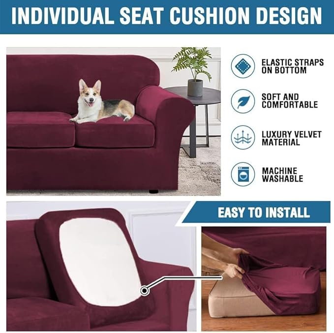 H.VERSAILTEX High Stretch Sofa Slipcover 4 Piece Cover Velvet Furniture Protector Form Fit Thick Velvet Extra Large Sofa Cover for 3 Cushion Couch Width Up to 97 Inch (Large Sofa, Wine/Burgundy) - Image 6