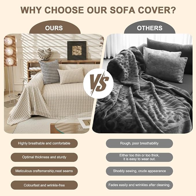 ROOMLIFE Thicked Checkered Boho Khaki Couch Cover for 2-3 Cushion Sofa, Chenille Sofa Slipcovers Sectional Sofas Covers for Dog, Non Slip Washable Furniture Protector Soft with Tassel 71''X150'' - Image 3