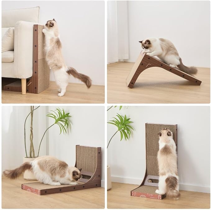 Petpals Corrugate Cardboard Cat Scratching Pad, 24" Double Side L Shaped | Replaceable Cardboard Scratching Pads, Multi-use to Protect Couch Sofa Furniture, with Rattan Ball Toys, Laminated Wood Frame - Image 3
