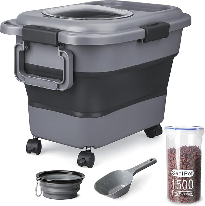 Dog Food Storage Container, 10-20 lbs Airtight Collapsible Cat Food Storage Container with Attachable Wheels, Portable Handle, Dog Food Scoop for Dog Cat Bird Pet Dry Food Storage Bin Dark Grey by TIOVERY