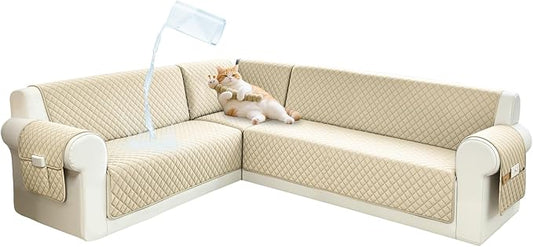 Sectional Couch Covers for Dogs 100% Waterproof Corner L Shaped Sofa Cover Pet Friendly Velvet Washable Anti Slip L Shape Modular Sofa Slipcover Protector with Pockets (Beige, XL Plus) by SYJOVIA