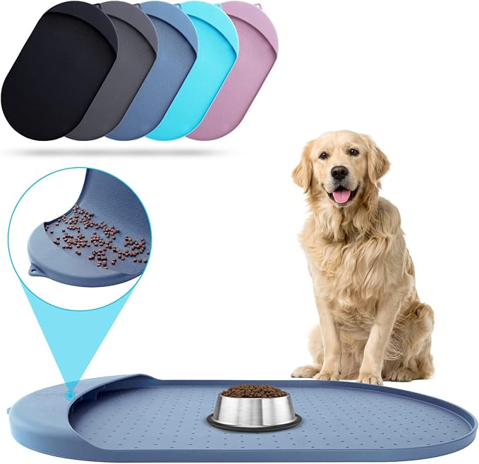 Dog Food Mat - 32” x 19” Pet Feeding Mat with Residue Collection Pocket - Large Silicone Dog Mat for Food and Water - Waterproof Dog and Cat Bowl Mat, High Edges to Prevent Spills, Navy Blue by ORA+SHOP