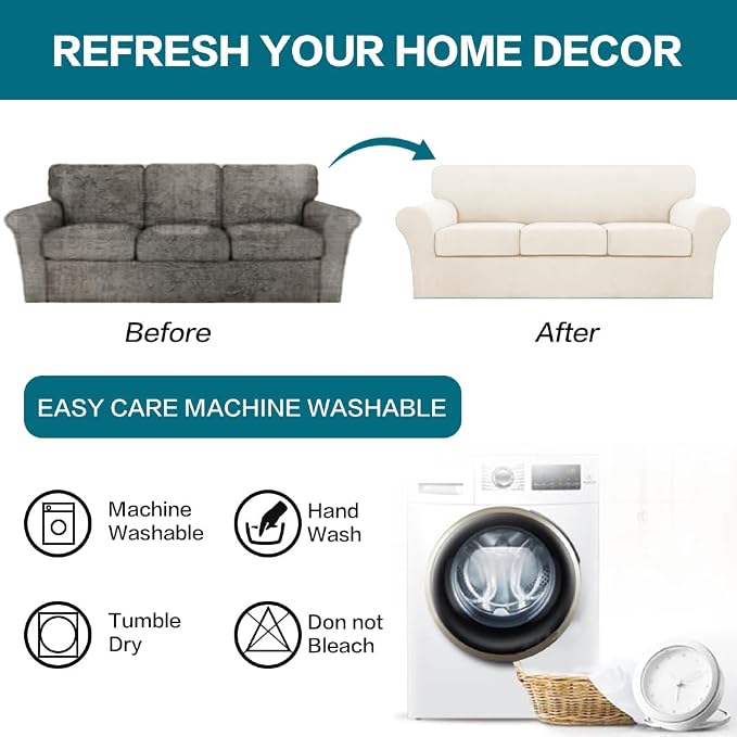 Turquoize 4 Piece Sofa Covers for 3 Cushion Couch Sofa Slipcover Soft Couch Cover for Dogs-Washable Furniture Cover with 3 Individual Covers (3 Cushion Sofa, Cream) - Image 7