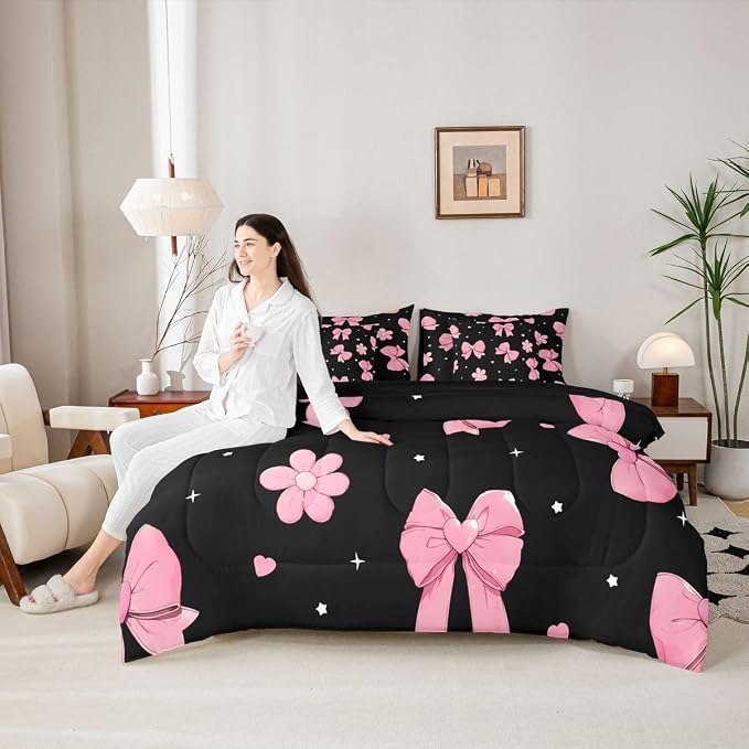 Erosebridal Bowknot 7 Piece Comforter Set Queen Size Black Pink Bedding Set for Girls Kids Bedroom Pink Bows Comforter Microfiber Bow Heart Pattern Bed in A Bag with Sheets Flower Bed Set - Image 3