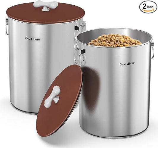 Paw Libero 2PK 25 Lbs Stainless Steel Dog Food Storage Container with Airtight Lid & Ceramic Bone Handle, Large Metal Dog Food Bin for Dogs & Cats, Keep Fresh, Easy to Clean by PawLibero