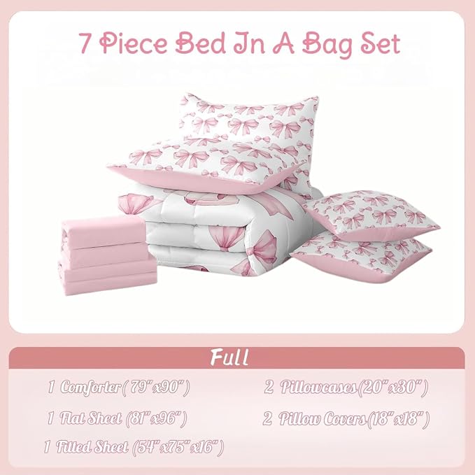 Erosebridal 7 Piece Pink Bowknot Kids Comforter Set Full Bed in a Bag,Dreamy Princess Style Kids Girls Bedding Set for Women,Girly Bow Tie Bed Set,Romantic Valentine's Day Sheet Set Reversible Quilt - Image 5