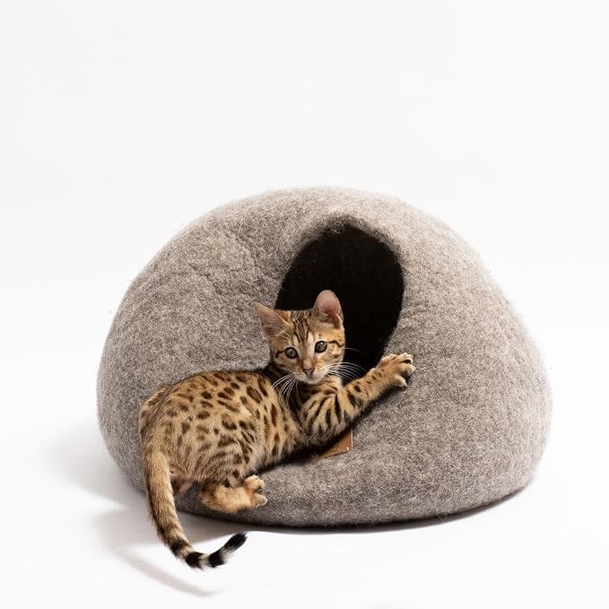 Best Aesthetic Cat Bed - Premium Felted Wool Cat Cave Bed - Cozy Peekaboo Round Cave for Large or Small Cats (Small, Earth Brown) - Image 4
