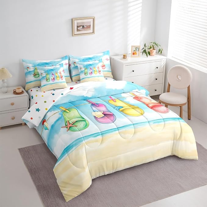 Erosebridal Summer Beach King Size Comforter Set with Sheets, Colorful Flip-Flop Bed in A Bag, Summer Seaside Hawaii 7 Pcs Bedding Set, Watercolor Sea Waves Bed Sets for Kids Boys Girls Teens Adults - Image 2
