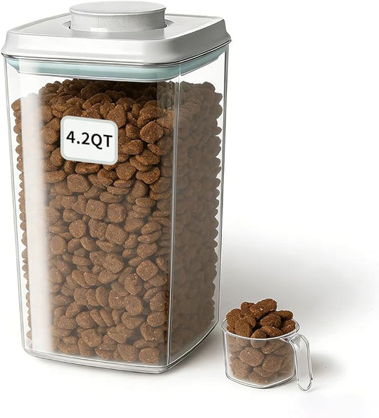 Dog Food Storage Container with One-Touch Lid, 4.22 QT / 4.0 L BPA-Free Cat Food Storage Container，Stackable Durable PET with 130ml Scoop, for Kibble, Treats, and Precise Feeding by EQI
