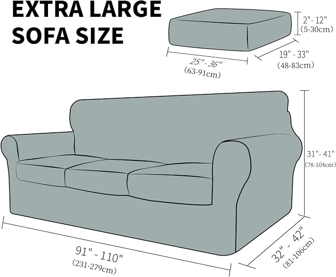 YEMYHOM Latest Checkered 4 Pieces Couch Covers for 3 Cushion Couch Extra Large High Stretch Thickened Sofa Cover for Dogs Pets Anti Slip Sofa Slipcovers (Light Gray Checkered), 91"-110"(3 Cushions) - Image 6