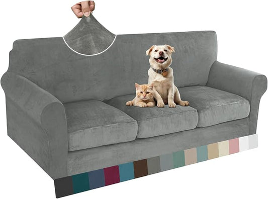 ZNSAYOTX Luxury Velvet Couch Cover 4 Piece (72"-92") Stretch Sofa Covers for 3 Cushion Couch Thick Soft Sofa Slipcover with Non Slip Strap, Dog Pet Friendly Nice Furniture Protector (Grey) by ZNSAYOTX