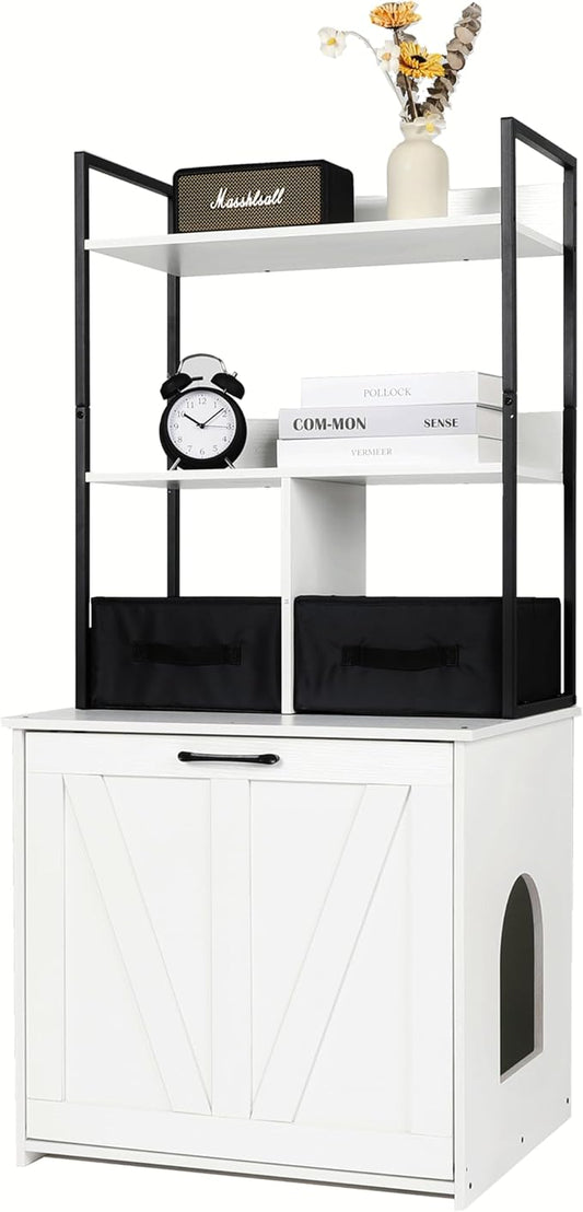 DWANTON Litter Box Enclosure with 2 Storage Shelves and 2 Drawers, 2-in-1 Hidden Cat Litter Box Enclosure Furniture with Shelf, Reversible Entrance, Washable Drawers, 50-Inch, White by DWANTON