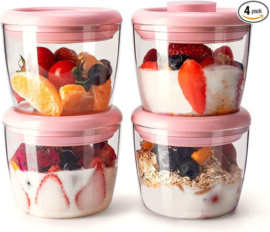 Ankou 400ml Meal Prep Container Set of 4 Pink Tritan Plastic Food Storage Containers with Lids, Airtight Leakproof Pop Top Lid Bowl for Breakfast Leftovers by ANKOU
