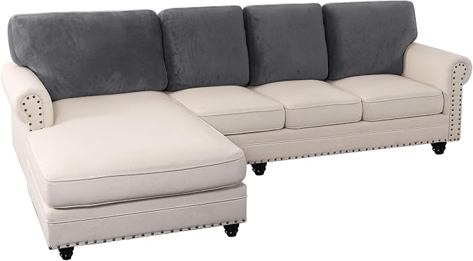 PrinceDeco Sectional Couch Covers Velvet Cushion Covers for Sectional Couch Washable Cushion Covers for Sectional Sofa Pet Friendly Sectional Sofa Slipcovers(1 Chaise Back+ 3 Sofa Back,Grey) by PrinceDeco
