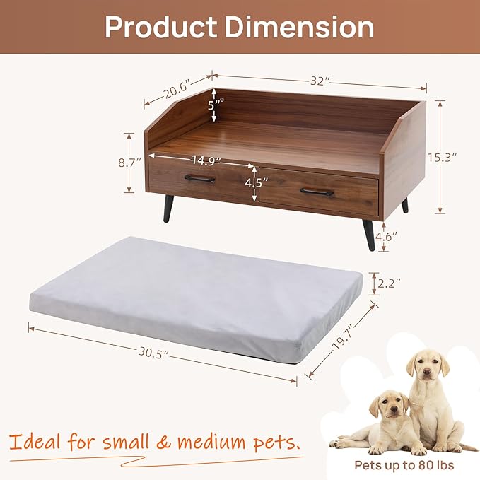 Elevated Dog Bed for Small to Medium Dogs – 32” x 21” Indoor Wooden Pet Sofa with Soft Cushion, Mid-Century Modern Style, Sturdy & Stylish (Walnut)