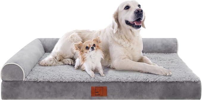Orthopedic Dog Bed, Pet Sofa with Bolster for Extra Large Dogs | Egg Crate Foam, Removable Washable Cover, Waterproof Lining, Non-Slip Bottom, L-Shape, Cozy Plush, 42 x 30 Inch, Grey by LazyLush