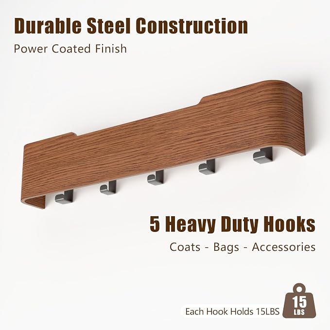 Coat Rack Wall Mount with Hidden Hooks, Wall Hooks with Shelf, Wall Key Holder Mount Wooden Shelf Entryway Hooks for Bedroom Bathroom for Hanging Coats Hats Bags Towels (Walnut, 5 Hooks) - Image 6