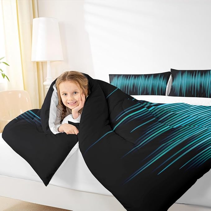 Geometric Abstract Kids Comforter Set Twin Size,Blue Gradient Striped Lines Bedding Set,Boys Girls Adults Bedroom Decor,Modern Fashion Down Comforter,Black Simple Duvet Insert,2pcs,1 Pillowcase - Image 3