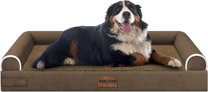 NANUYA Orthopedic Dog Bed for Jumbo Dogs, 53 x 42 Inch, Coffee | Egg crate foam for joint support, 3-sided bolster pet sofa, waterproof lining, washable cover, and non-skid base by Nanuya
