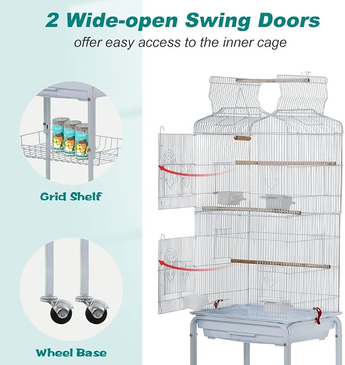 BestPet 64 inch Wrought Iron Bird Cage for Parakeets Medium Small Parrots Parakeet Cage with Detachable Rolling Stand & Play Open Top for Cockatiels Lovebird Finches Canaries,White - Image 5