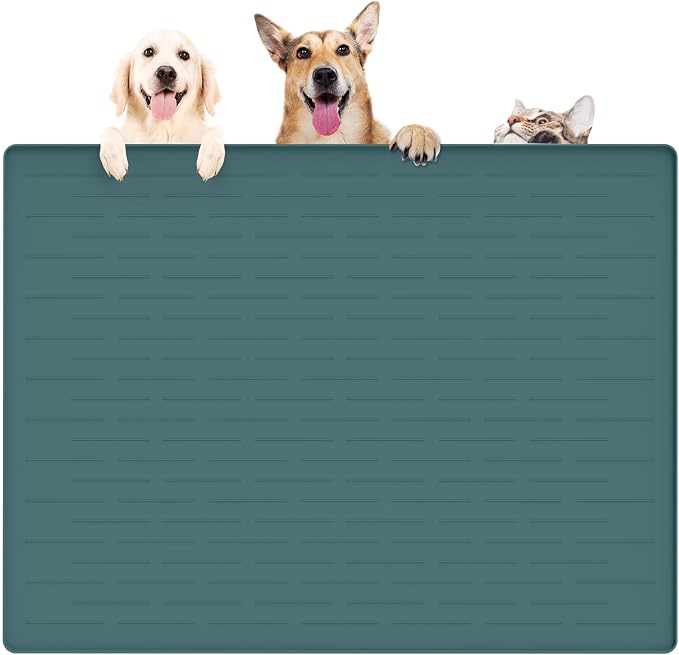 39.4"x29.5" Large Pet Food Mat, Silicone Dog Mats for Food and Water, Nonslip Pet Feeding Mats for Floors,Dog Cat Bowl Mat with Raised Edges, Dark Green by WelcometoULTIBE
