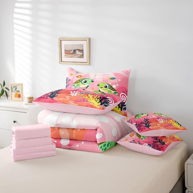 Erosebridal Kawaii Sea Turtle 7-Piece Bedding Set King Size, Ocean Life Tortoise Bed in A Bag, Underwater World Sea Animal Comforter Set with Sheets, Colourful Coral Bedding Comforter Sets, Pink - Image 5