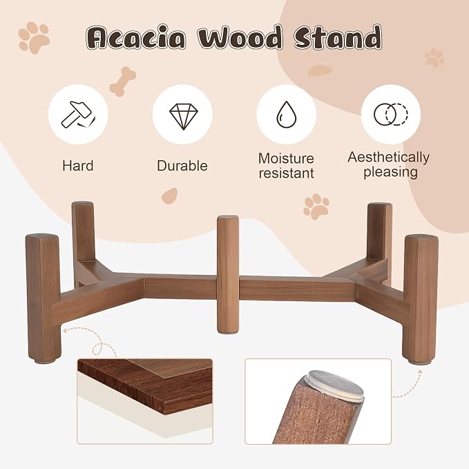 SPUNKYJUNKY Ceramic Elevated Dog Bowl Set with Acacia Wood Stand for Food and Water for Cats and Small Dogs (13.52 OZ, Black, Dog Paw Pattern) - Image 4