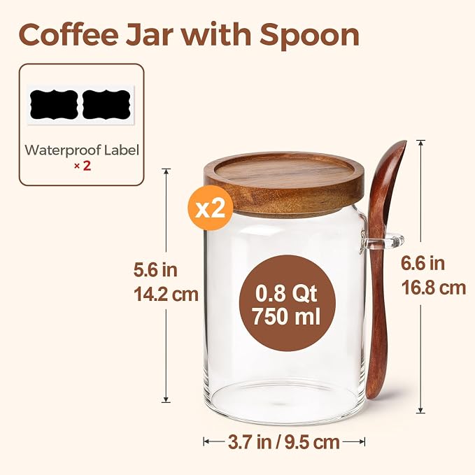 ComSaf Coffee Storage Canister with Acacia Wood Lids & Scoops 0.8Qt 2Pack | Glass Containers for Coffee Lover, Whole Beans Grounds Sugar, Coffee Bar & Office Tabletop, Jars with Labels, Lead-Free - Image 2