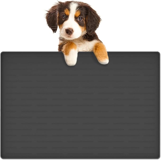 24"x16" Large Dog Food Mat, Silicone Dog and Cat Mats for Food and Water Bowls, Waterproof Raised Edge Pet Feeding Mat for Contain Spills Protects Floors, Multiple Colors & Sizes for Pets, Black by Goldleaf
