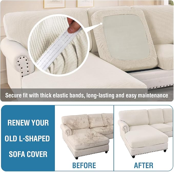 H.VERSAILTEX 2025 New Sectional Couch Covers 6 Pieces Stretch Sofa Covers for Sectional Sofa Set Separate L Shaped Couch Cover for Both Left/Right Couch (Seat and Back: 1 Chaise + 2 Sofa, Ivory) - Image 6