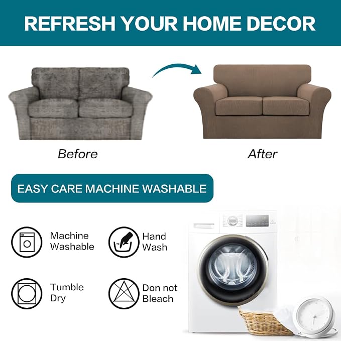 Turquoize 3 Piece Sofa Covers for 2 Cushion Couch Sofa Slipcover Soft Couch Cover for Dogs-Washable Sofa Furniture Cover with 2 Individual Cushion Covers, Feature Fabric (2 Cushion Sofa, Macchiato) - Image 7