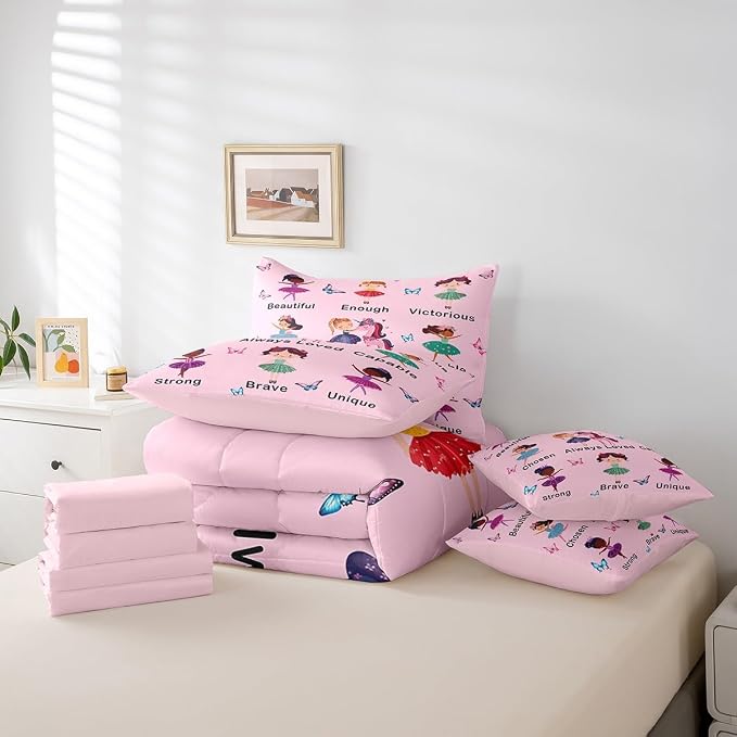 Erosebridal 7 Piece Girls Pink Princess Kids Comforter Set Queen Bed in a Bag,Ballet Bedding Set,Dancing Girls Inspirational Duvet Insert,Dreamy Princess Style Sheet Set,Butterfly Unicorn Quilt - Image 6