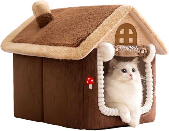 Mushroom Cat Bed for Indoor Cats, Cat Cave Bed with Door Curtain, Foldable Dog House with Reversible Cushion, Covered Pet Bed for Cats Small Dogs (Brown, L-19.2 * 15.3 * 18in) by Unknown