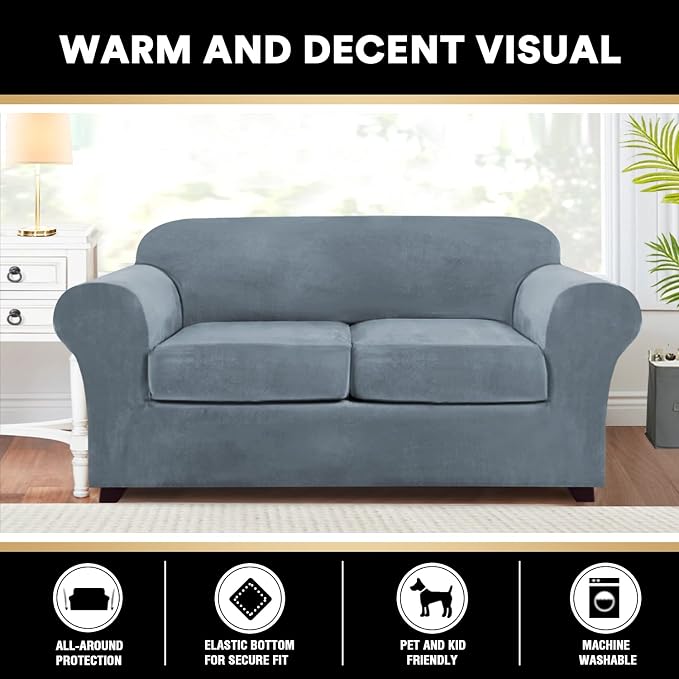 PrinceDeco Velvet Couch Cover Loveseat Covers for 2 Cushion Couch 3 Piece Sofa Covers for Dogs Washable Loveseat Covers Width Up to 72 Inch No Slip Stretch Sofa Slipcover(Medium, Stone Blue) - Image 6