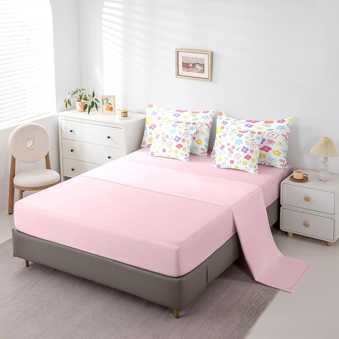 Feelyou Cute Flower 7 Piece Bedding Set Colorful Floral Comforter Set with Sheets for Kids Boys Girls Cartoon Hand-Drawn Bed in a Bag Botanical Decor Bed Set Soft Lightweight - Image 4