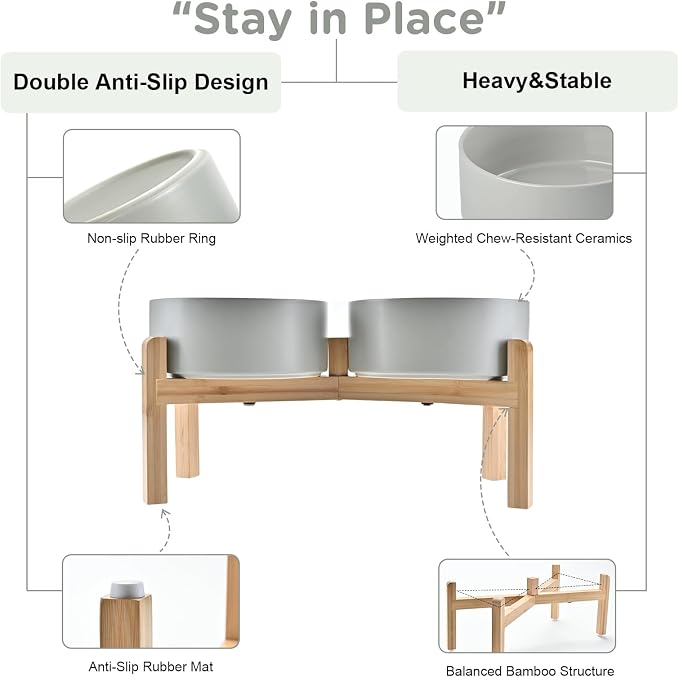 SPUNKYJUNKY Elevated Dog Bowls Ceramic, 7.3'' Dogs Food Water Bowls Raised with Non-Slip Bamboo Stand for Medium to Large Sized Breed Microwave Dishwasher Safe - 42 OZ,Grey - Image 4